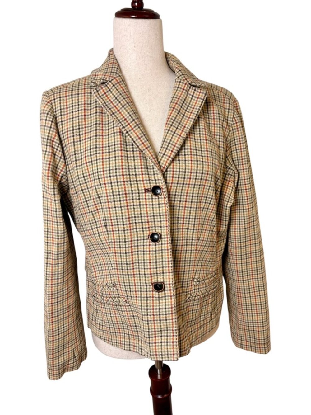 Sundance Tan Red Black Plaid 100% Cotton Button Blazer Jacket Size 10